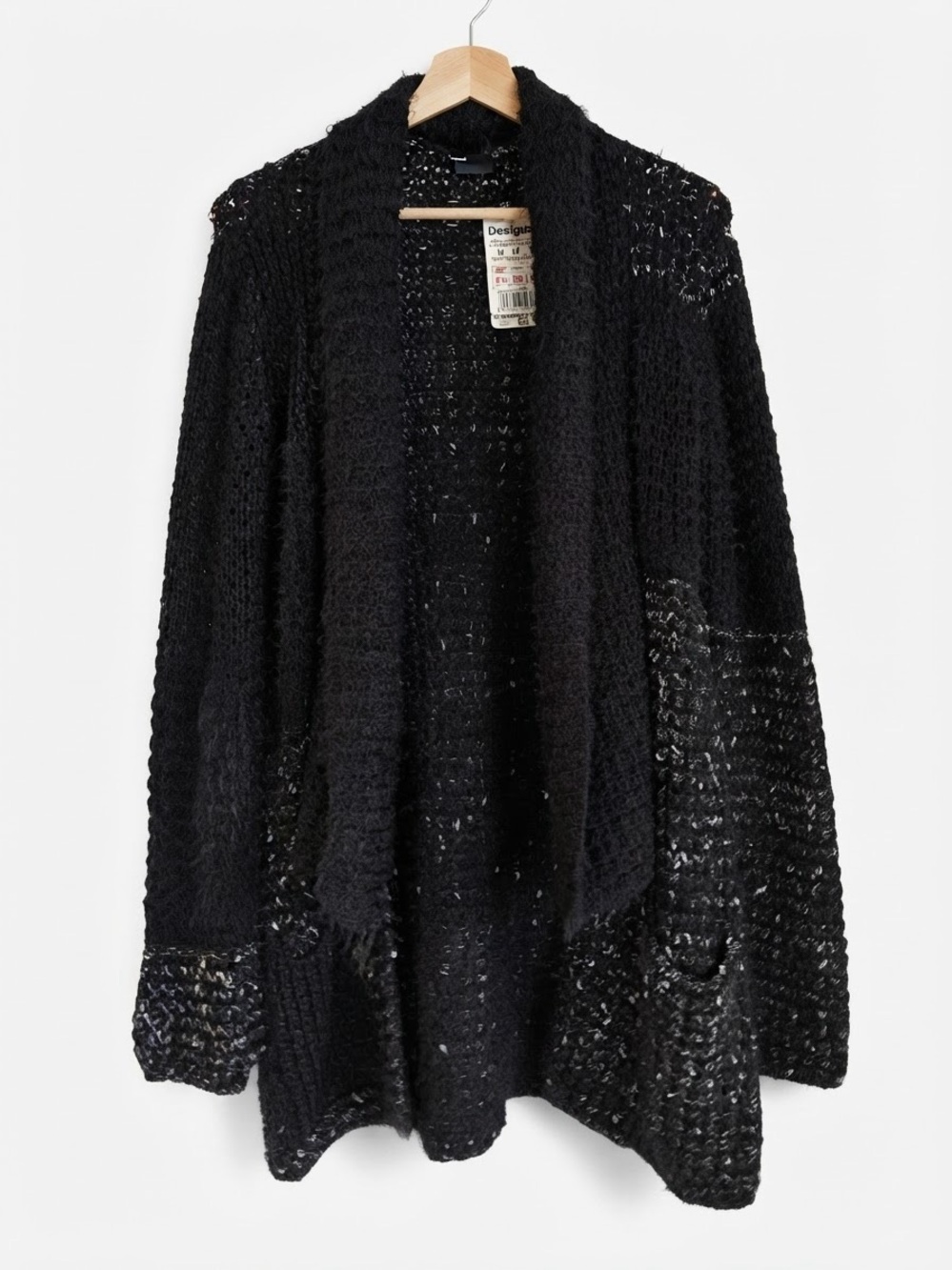 Desigual Black Textured Luxury NWT Open Front Cardigan Sweater Soft Grunge M